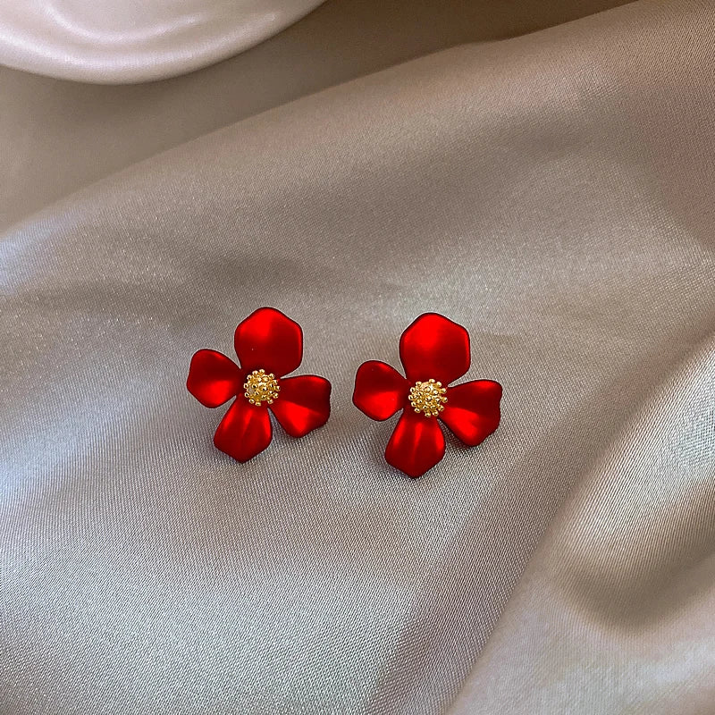 S925 Silver Needle Red Petals Earrings