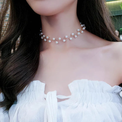 Layered Pearl Choker Necklace with Pendant