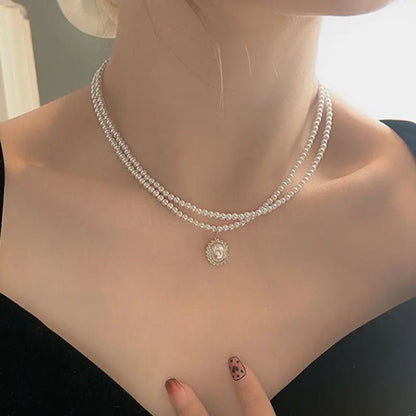 Layered Pearl Choker Necklace with Pendant