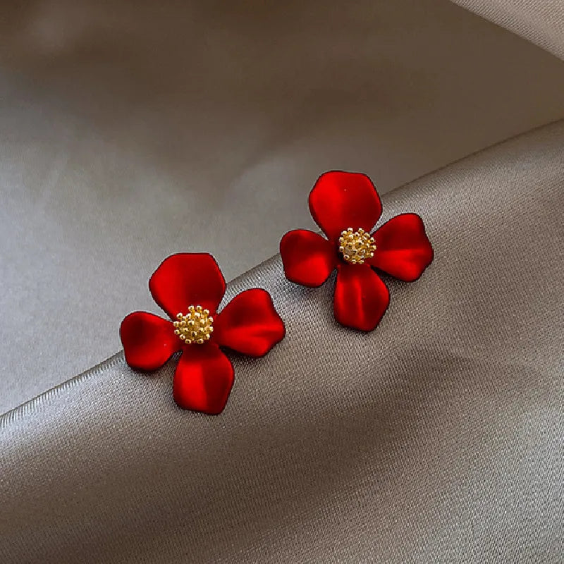 S925 Silver Needle Red Petals Earrings