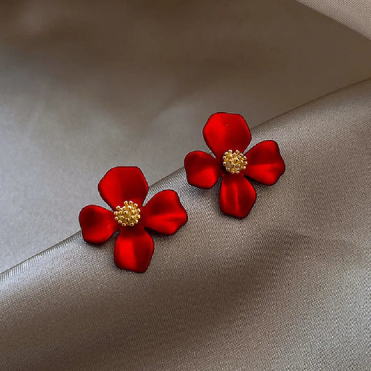 S925 Silver Needle Red Petals Earrings