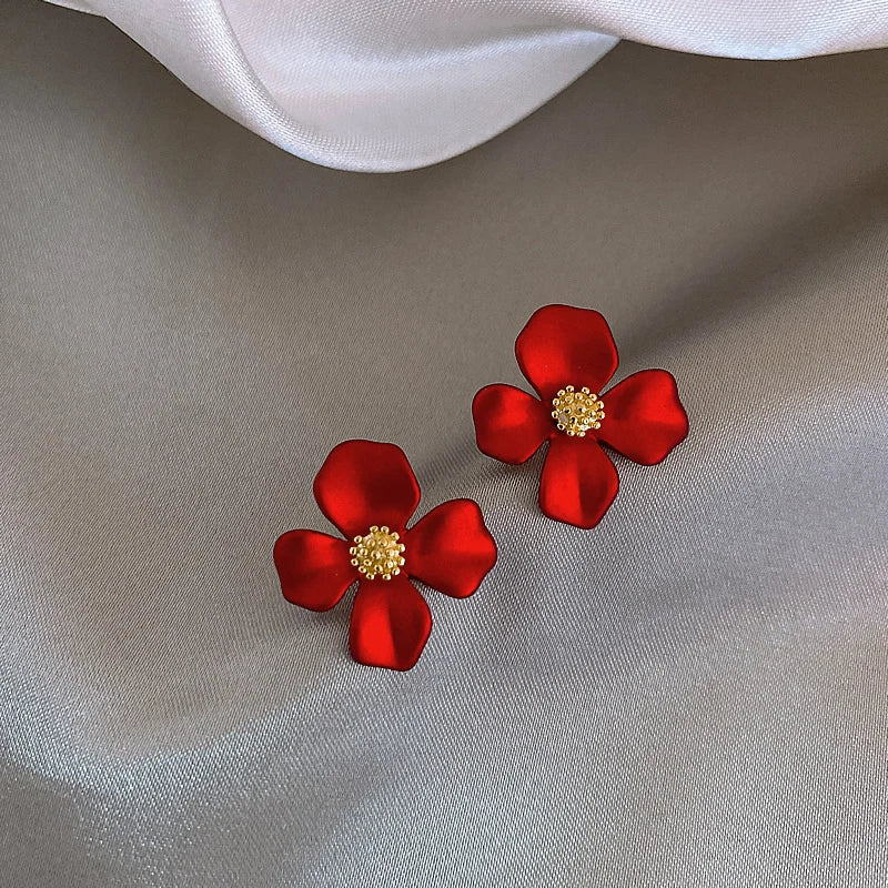 S925 Silver Needle Red Petals Earrings