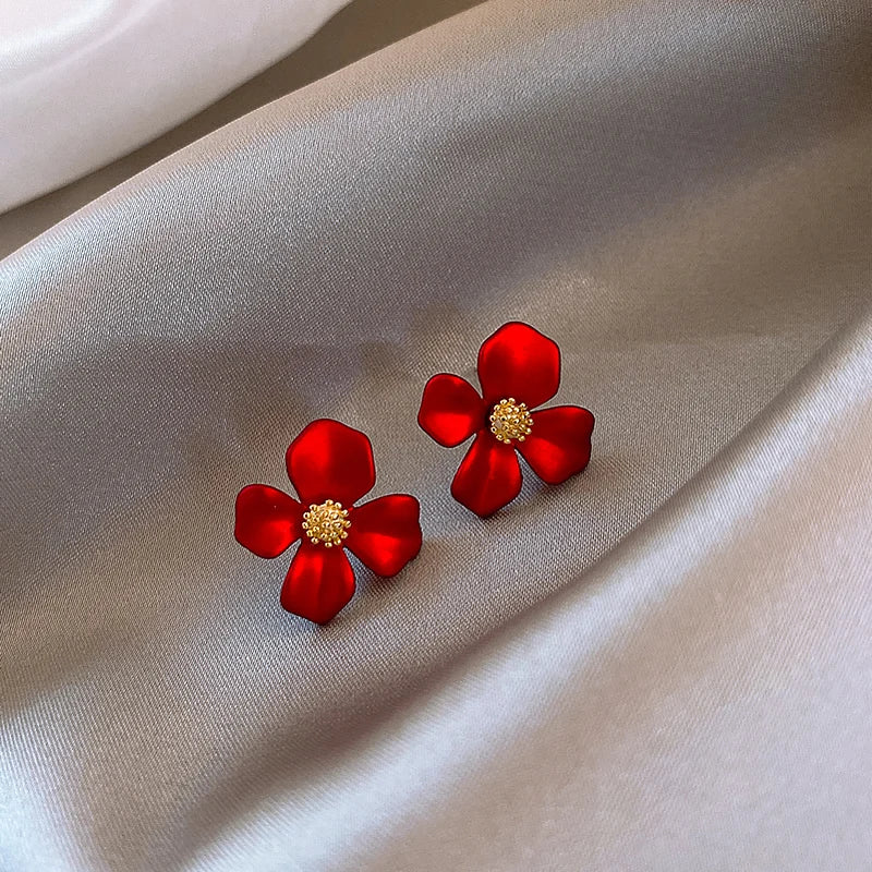 S925 Silver Needle Red Petals Earrings