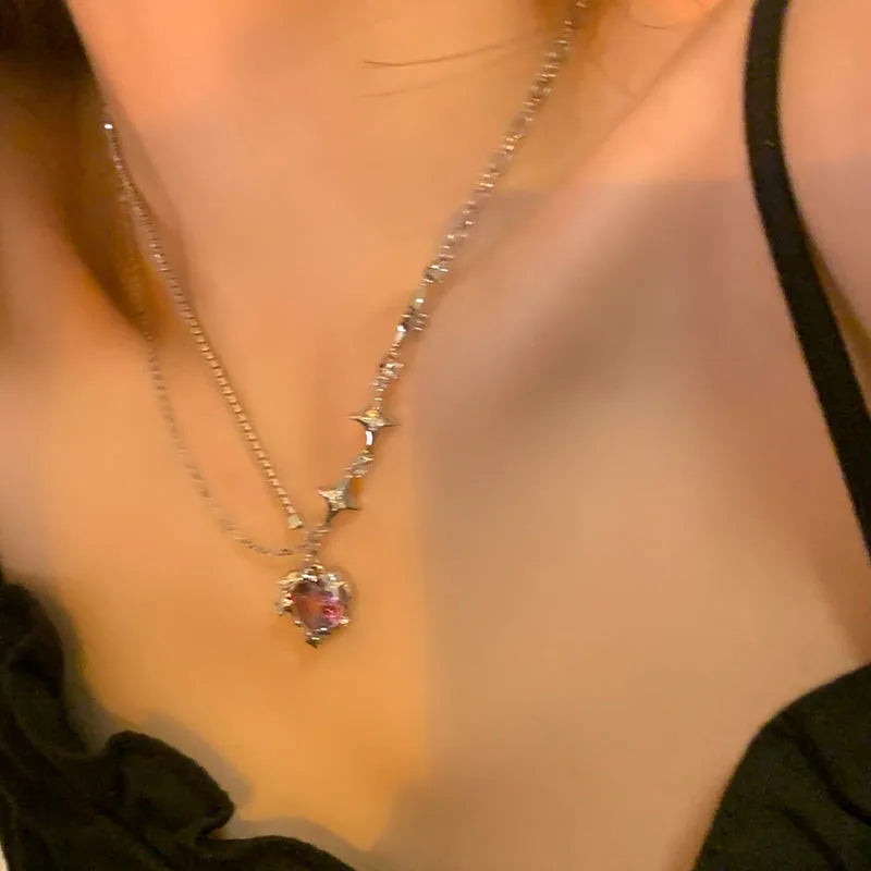 Y2K Purple Crystal Heart Pendant Necklace