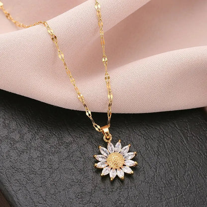 Gold-Color Necklace with Flower Pendant & Inlaid Zirconia