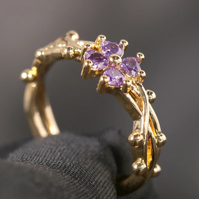 Cute Romantic Purple Four Leaf Zircon Flower Adjustable Ring