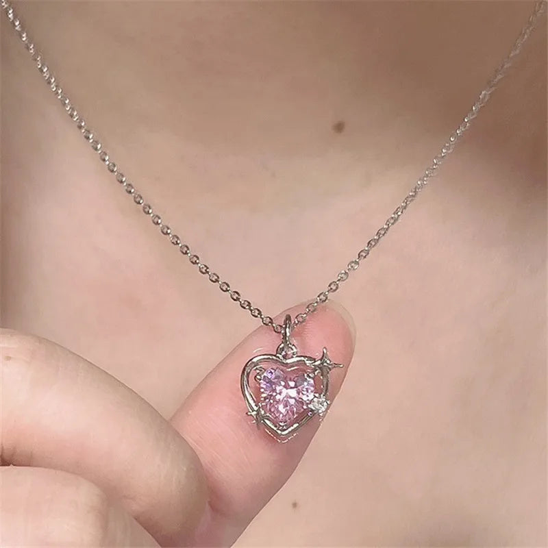 Y2K Purple Crystal Heart Pendant Necklace