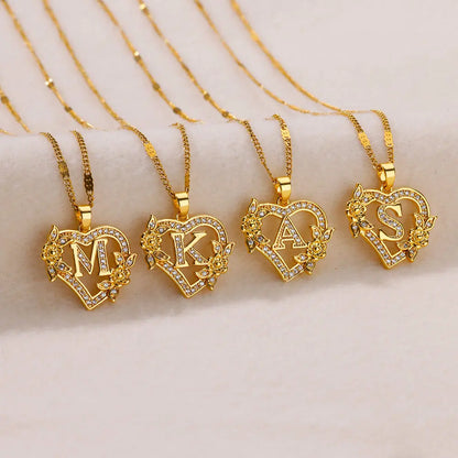 Zircon Flower Heart Initials Necklace