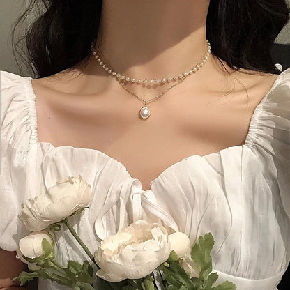 Imitation Pearl Heart Pendant Necklace