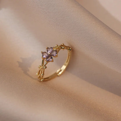 Cute Romantic Purple Four Leaf Zircon Flower Adjustable Ring