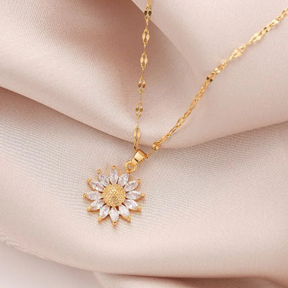 Gold-Color Necklace with Flower Pendant & Inlaid Zirconia