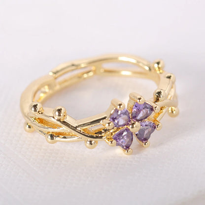 Cute Romantic Purple Four Leaf Zircon Flower Adjustable Ring