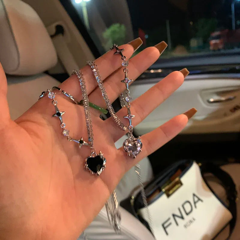 Y2K Purple Crystal Heart Pendant Necklace