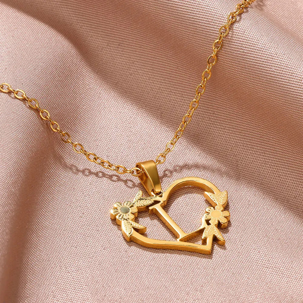 Gold Color Dainty Flower Initials Necklace