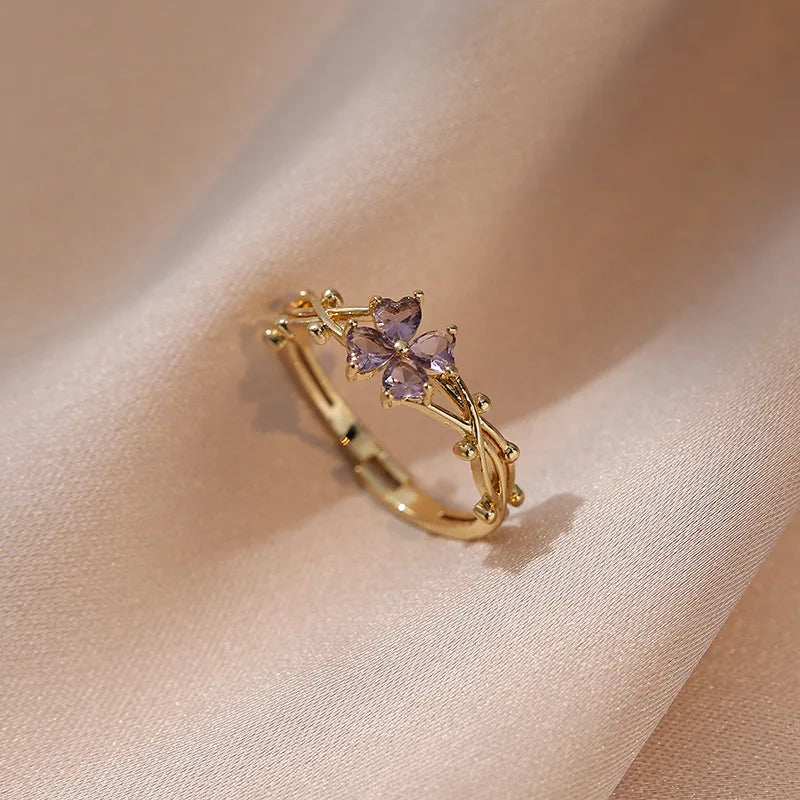 Cute Romantic Purple Four Leaf Zircon Flower Adjustable Ring