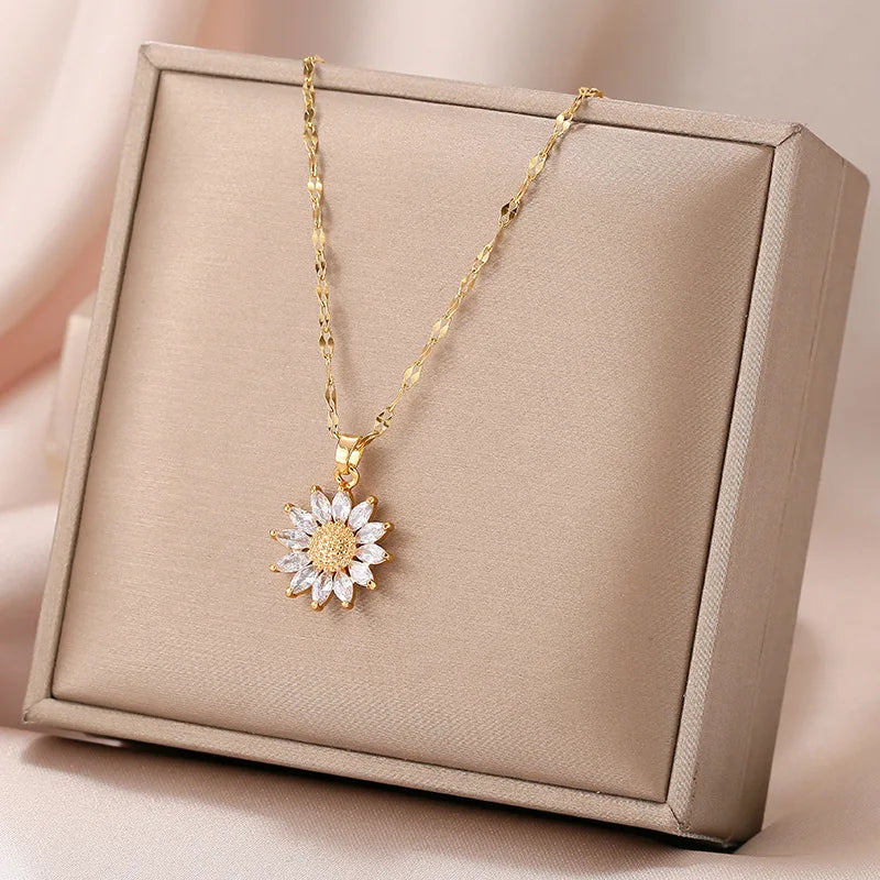 Gold-Color Necklace with Flower Pendant & Inlaid Zirconia