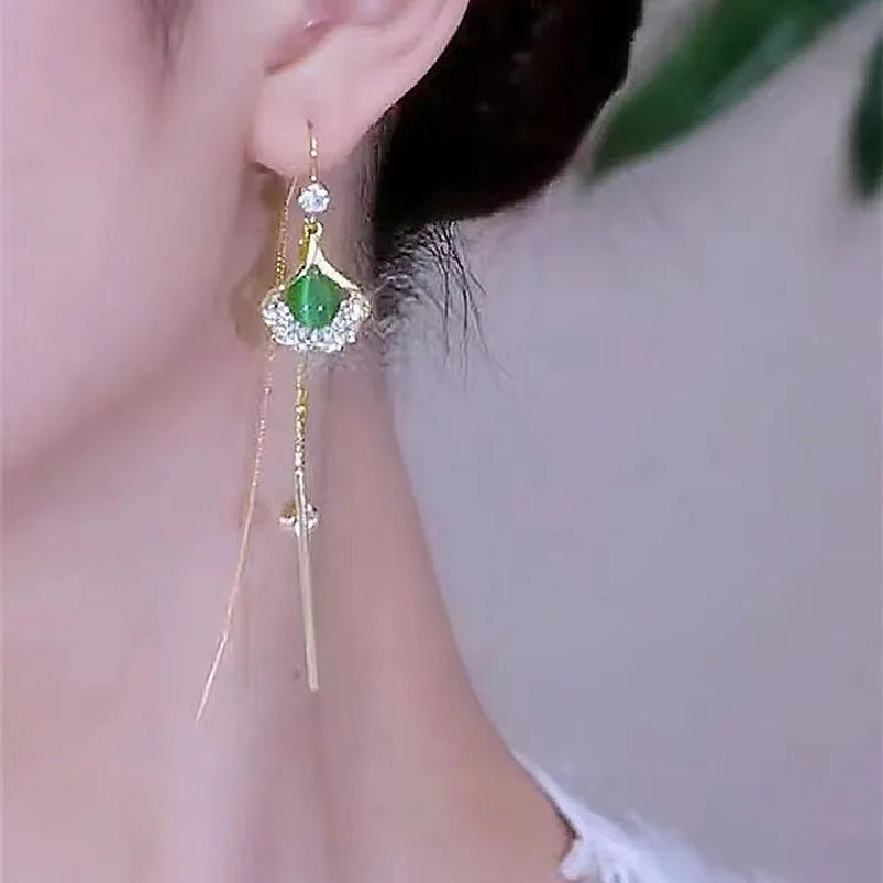 Vintage Gold Plated Zircon Ginkgo Leaf Green Opal Tassels Earrings