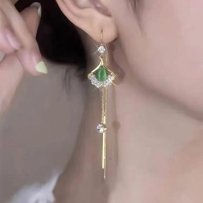 Vintage Gold Plated Zircon Ginkgo Leaf Green Opal Tassels Earrings