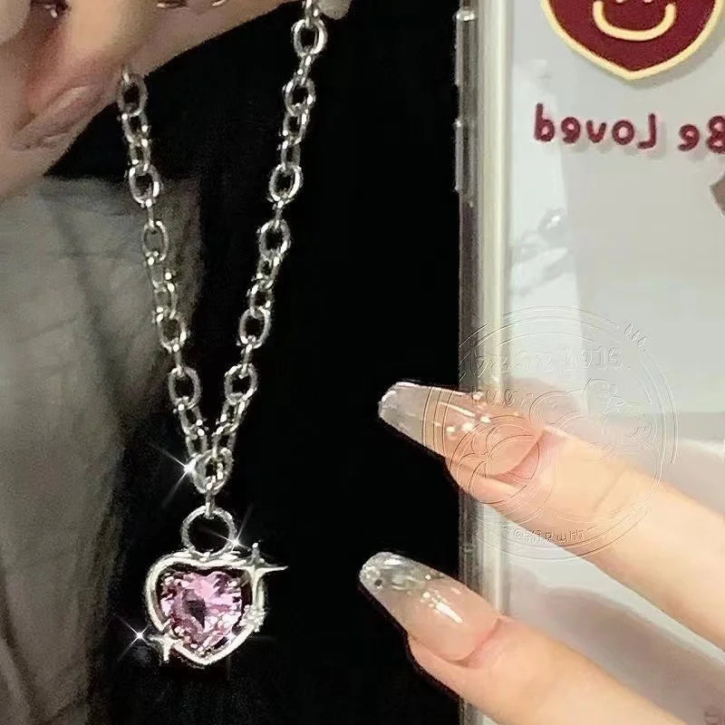 Y2K Purple Crystal Heart Pendant Necklace