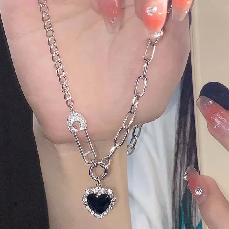 Y2K Purple Crystal Heart Pendant Necklace