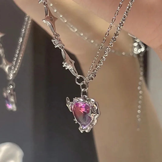 Y2K Purple Crystal Heart Pendant Necklace
