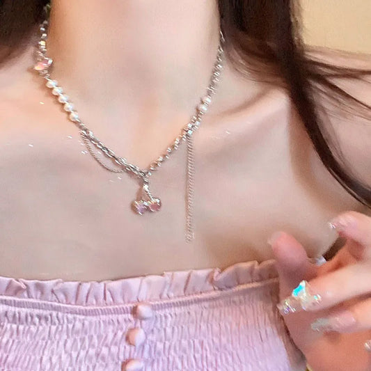 Pink Crystal Cherry Pendant Necklace