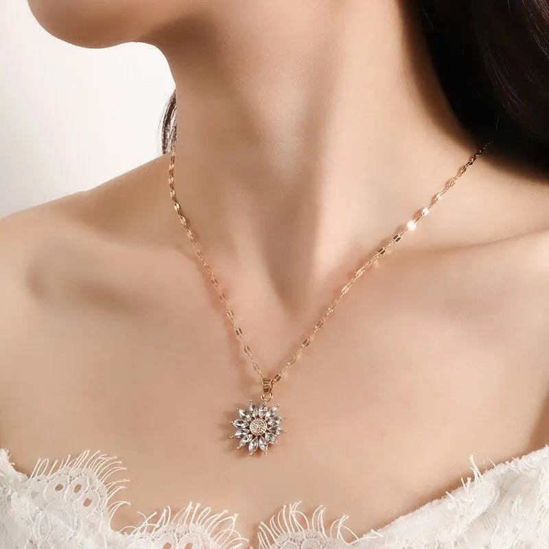 Gold-Color Necklace with Flower Pendant & Inlaid Zirconia