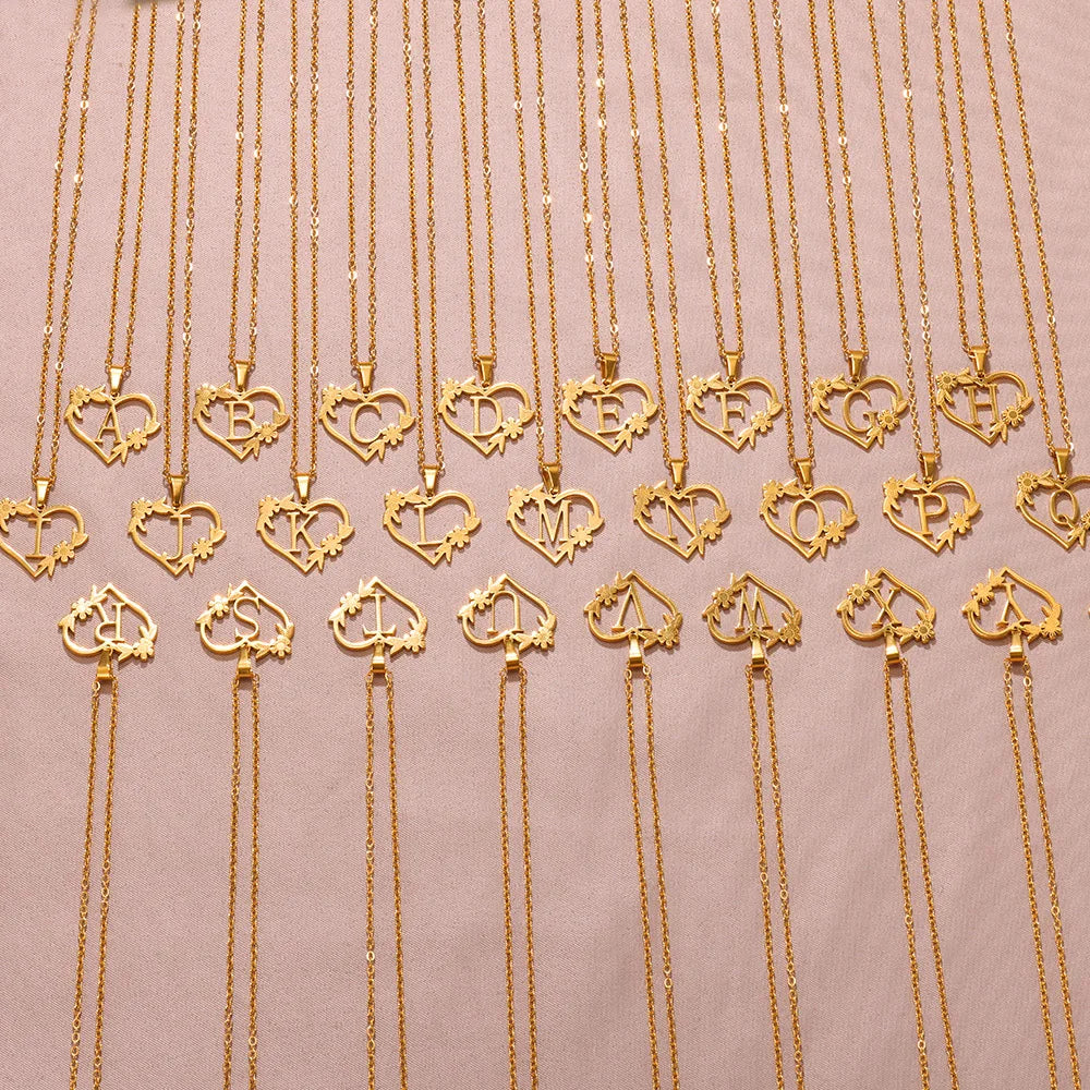 Gold Color Dainty Flower Initials Necklace