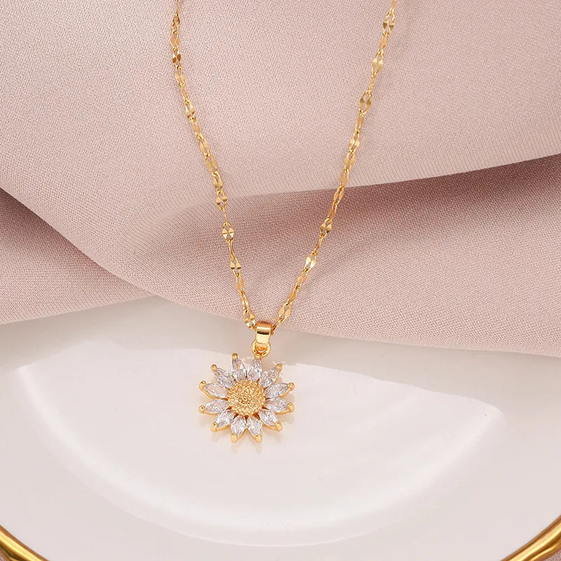 Gold-Color Necklace with Flower Pendant & Inlaid Zirconia