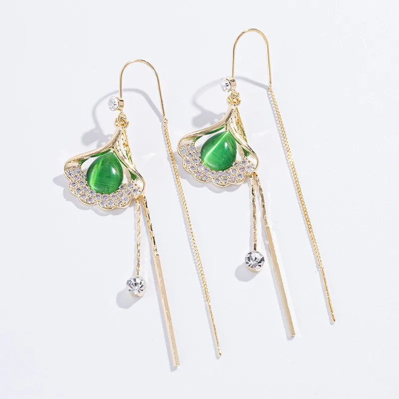 Vintage Gold Plated Zircon Ginkgo Leaf Green Opal Tassels Earrings