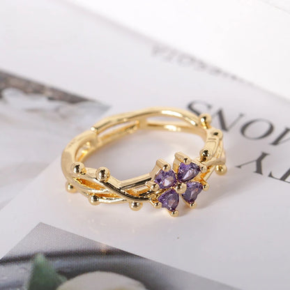 Cute Romantic Purple Four Leaf Zircon Flower Adjustable Ring