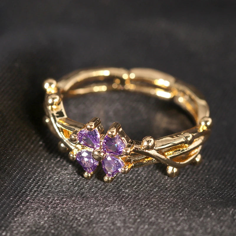 Cute Romantic Purple Four Leaf Zircon Flower Adjustable Ring